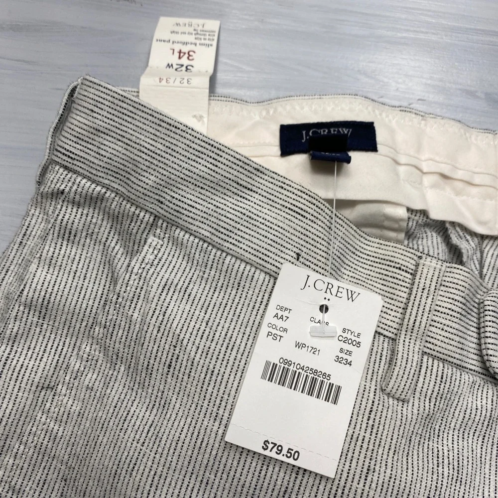 J.Crew Slim Bedford Pants Mens 32x34 White Blue Stripe Linen Blend Dress Casual